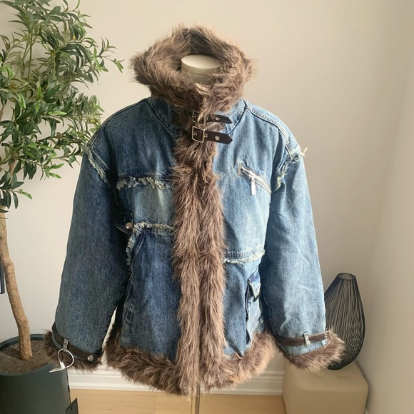 Reversible Denim Faux Fur Coat Heavy Winter Jacket M - Picture 4 of 12